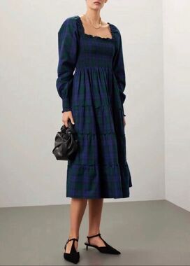 Hill House Home Naomi Nap Dress in Blackwatch Tartan Blue Green XS